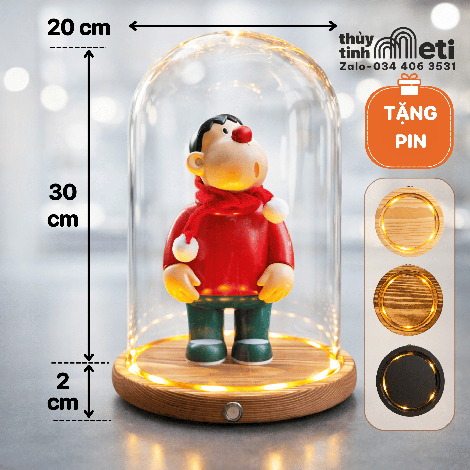 Chụp thủy tinh đế gỗ đèn led 20x30 Chụp thủy tinh đế gỗ đèn led 20x30