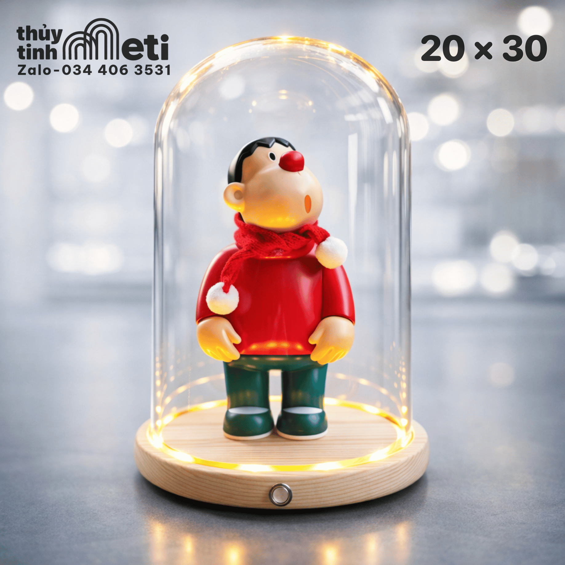 Chụp thủy tinh đế gỗ đèn led 20x30 (2) Chụp thủy tinh đế gỗ đèn led 20x30