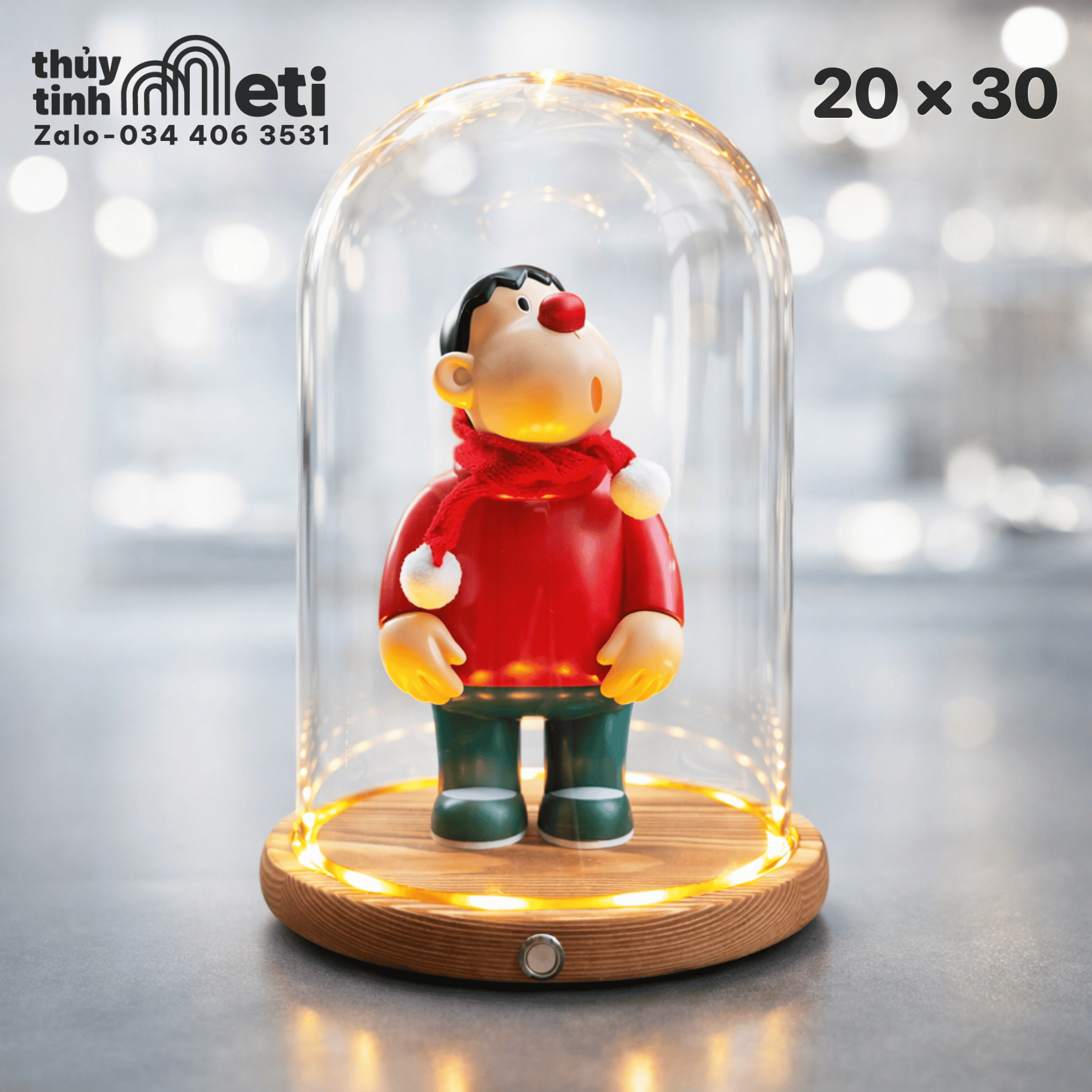 Chụp thủy tinh đế gỗ đèn led 20x30 (3) Chụp thủy tinh đế gỗ đèn led 20x30