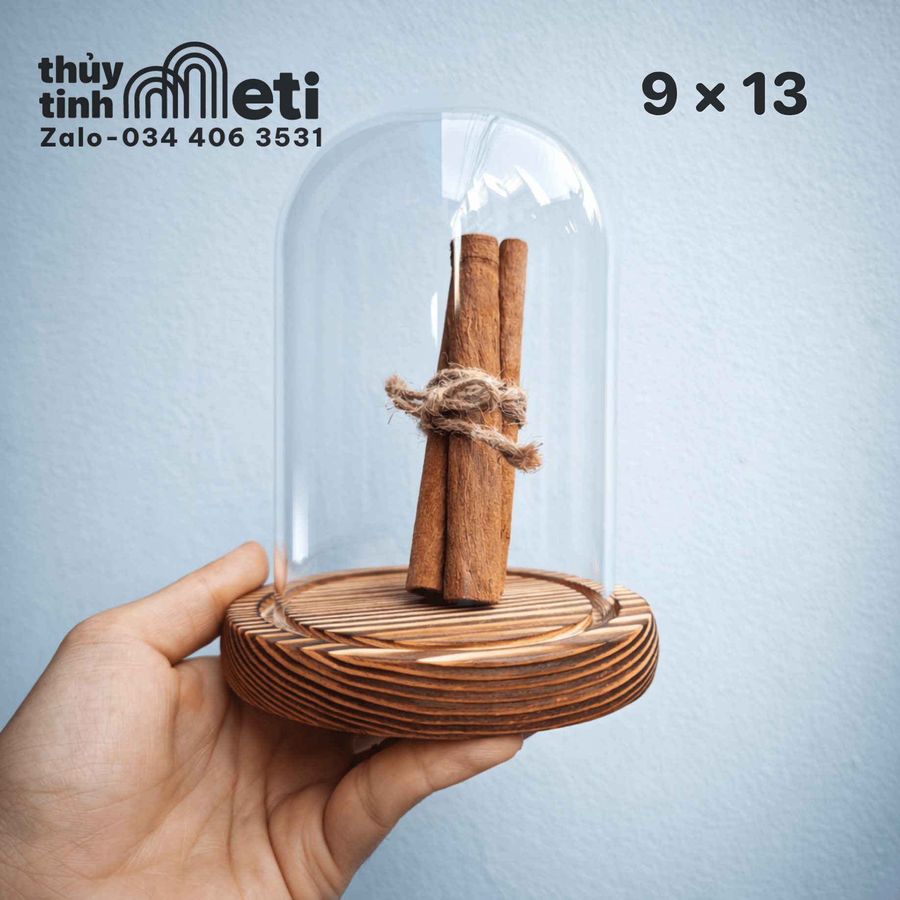 Chụp thủy tinh đế gỗ 9x13 (2) Chụp thủy tinh đế gỗ 9x13