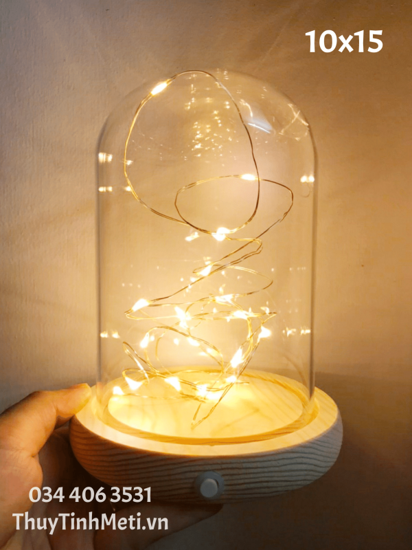 Chụp thủy tinh đế gỗ đèn LED dây 10cm