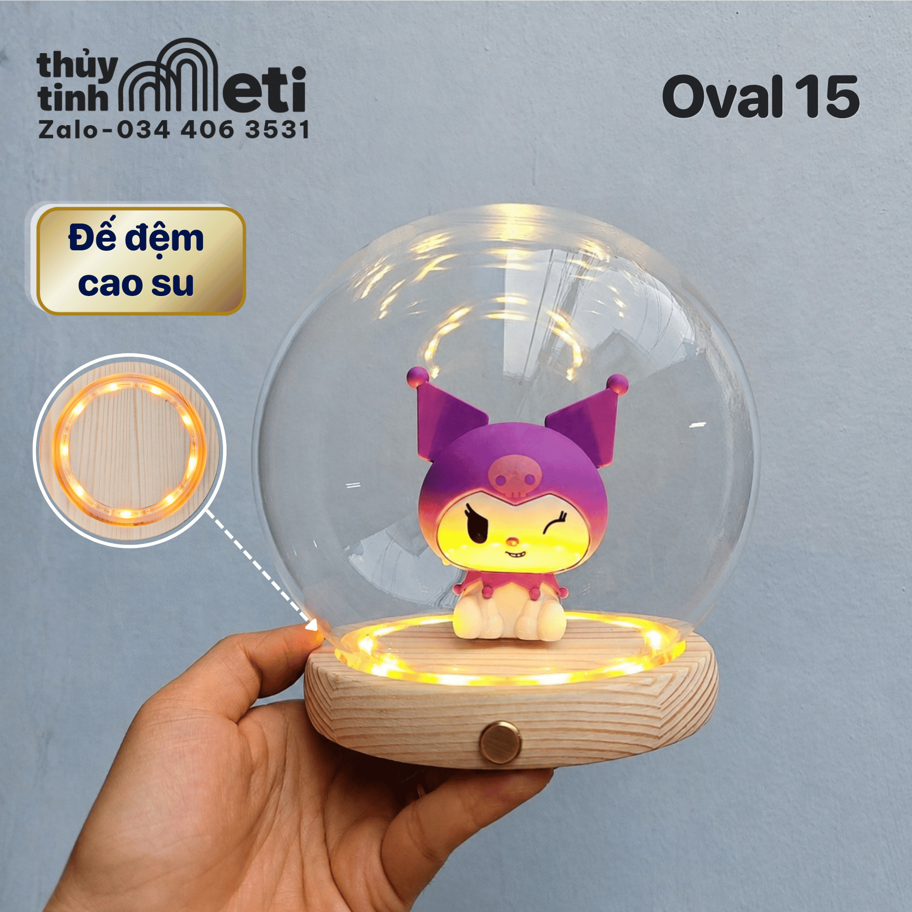 Chụp thủy tinh đế gỗ đèn led hình cầu 15cm Chụp thủy tinh đế gỗ đèn led hình cầu 15cm