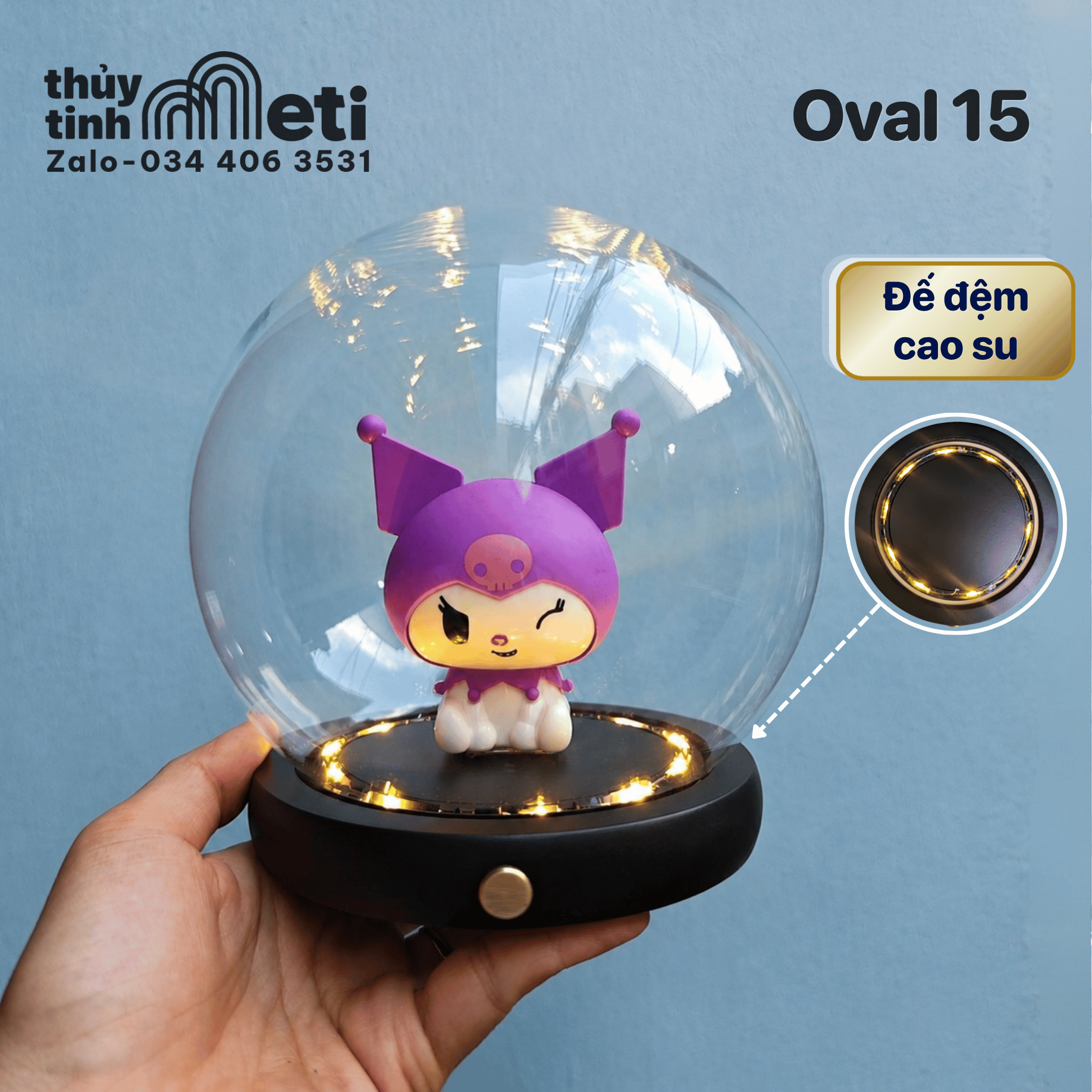Chụp thủy tinh đế gỗ đèn led hình cầu 15cm (3) Chụp thủy tinh đế gỗ đèn led hình cầu 15cm