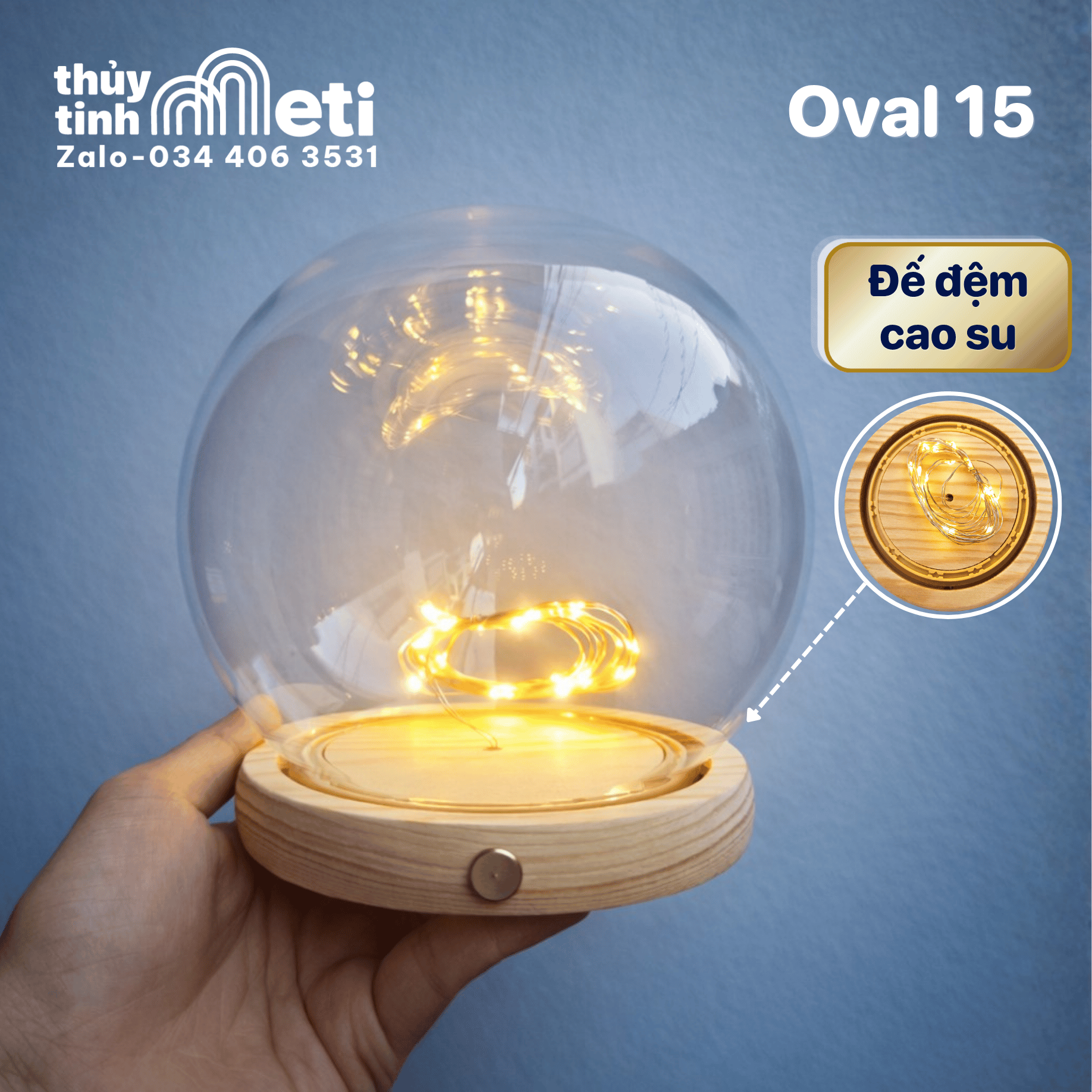 Chụp thủy tinh đế gỗ đèn led hình cầu 15cm (4) Chụp thủy tinh đế gỗ đèn led hình cầu 15cm