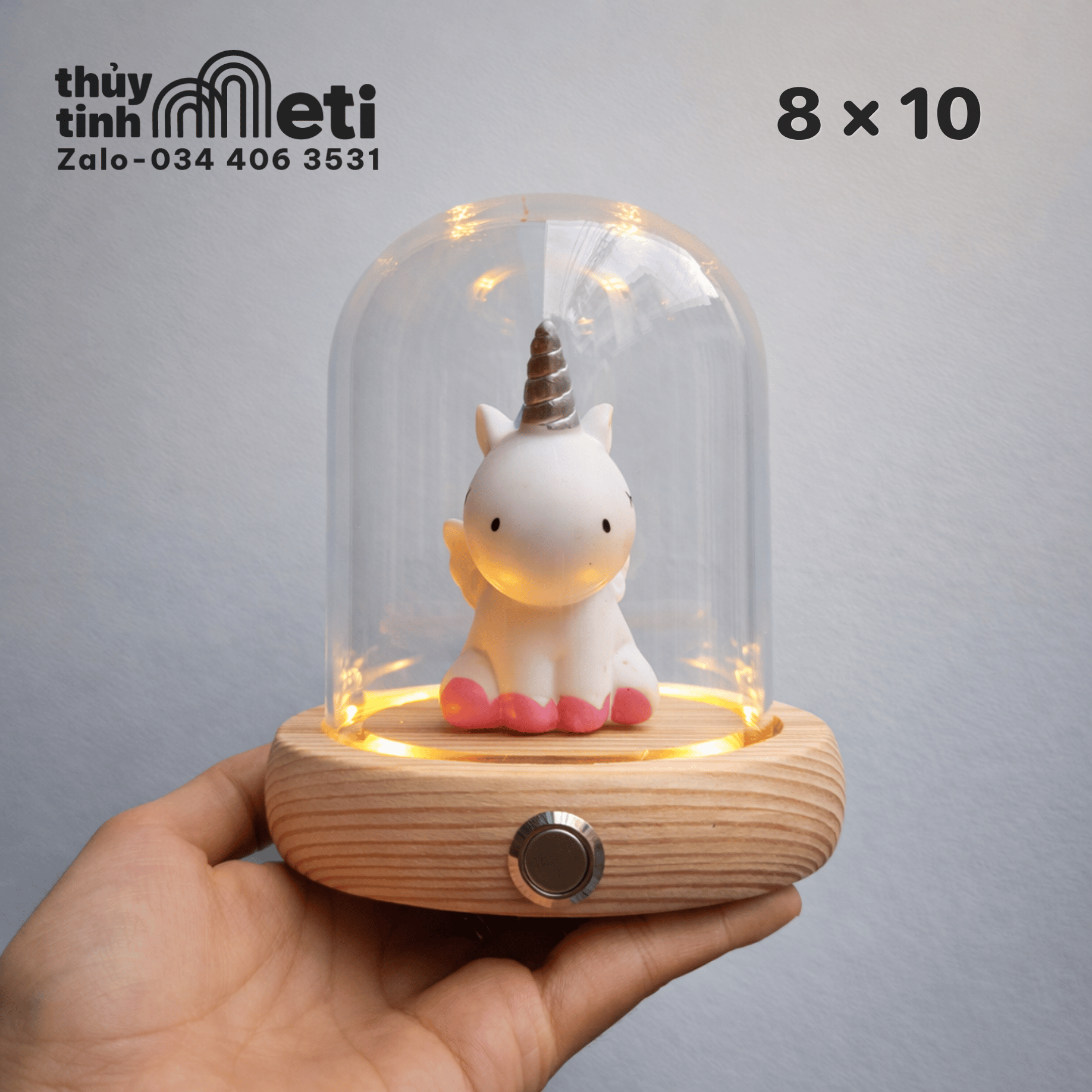 Chụp thủy tinh đế gỗ đèn led 8x10 Chụp thủy tinh đế gỗ đèn led 8x10