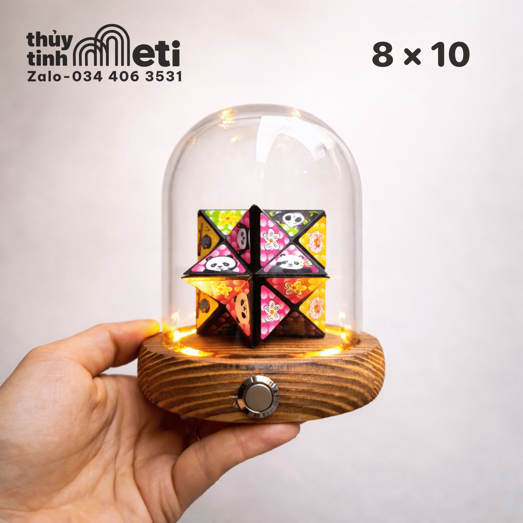 Chụp thủy tinh đế gỗ đèn led 8x10 (2) Chụp thủy tinh đế gỗ đèn led 8x10