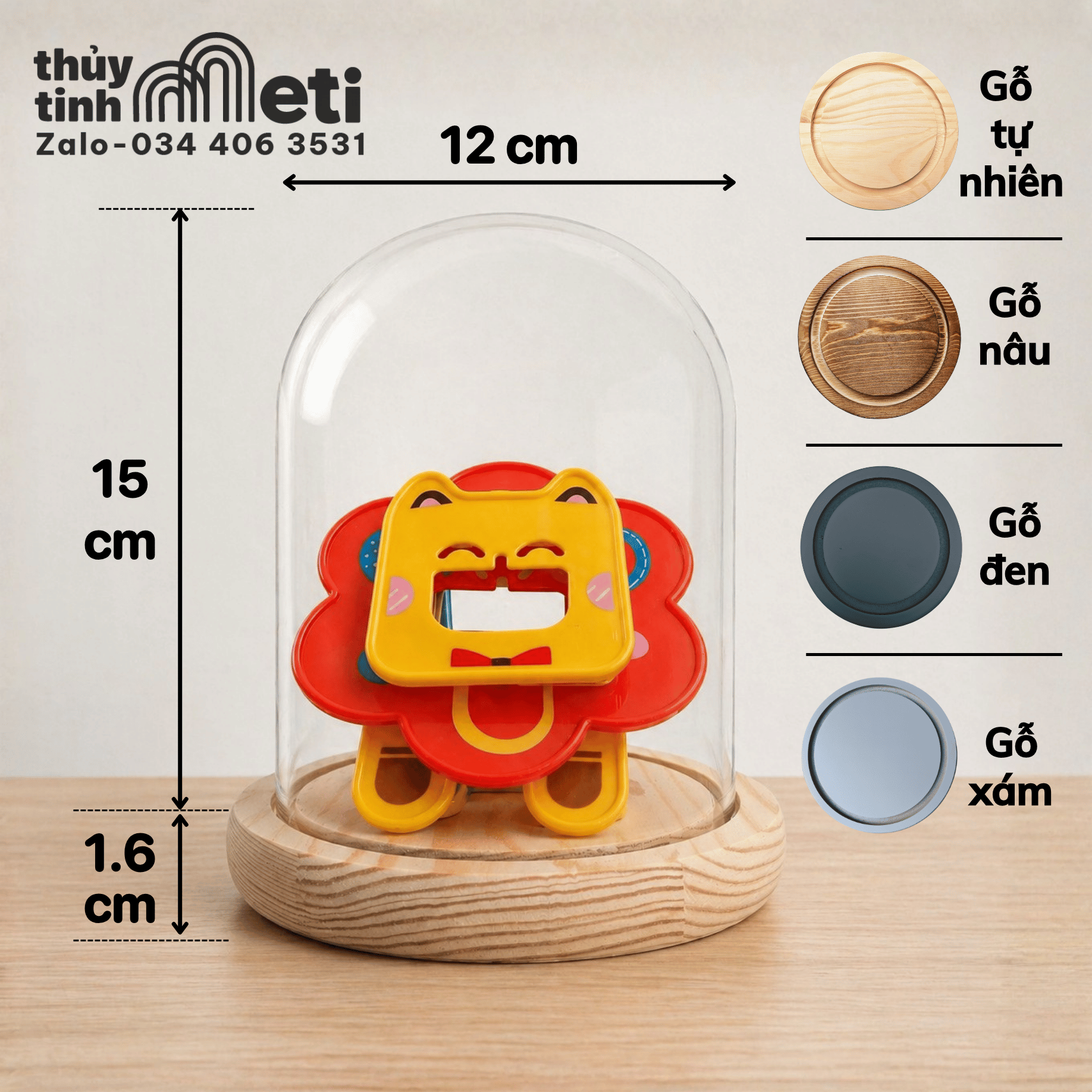 Chụp thủy tinh đế gỗ 12x15 bg Chụp thủy tinh đế gỗ 12x15