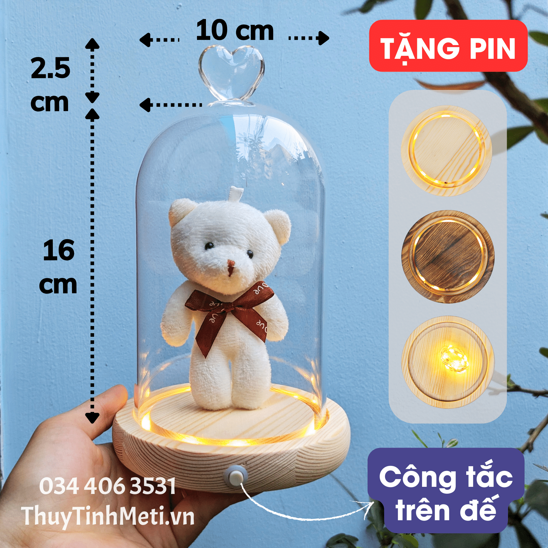 Chụp thủy tinh đế gỗ đèn LED núm tim Chụp thủy tinh đế gỗ đèn LED núm tim