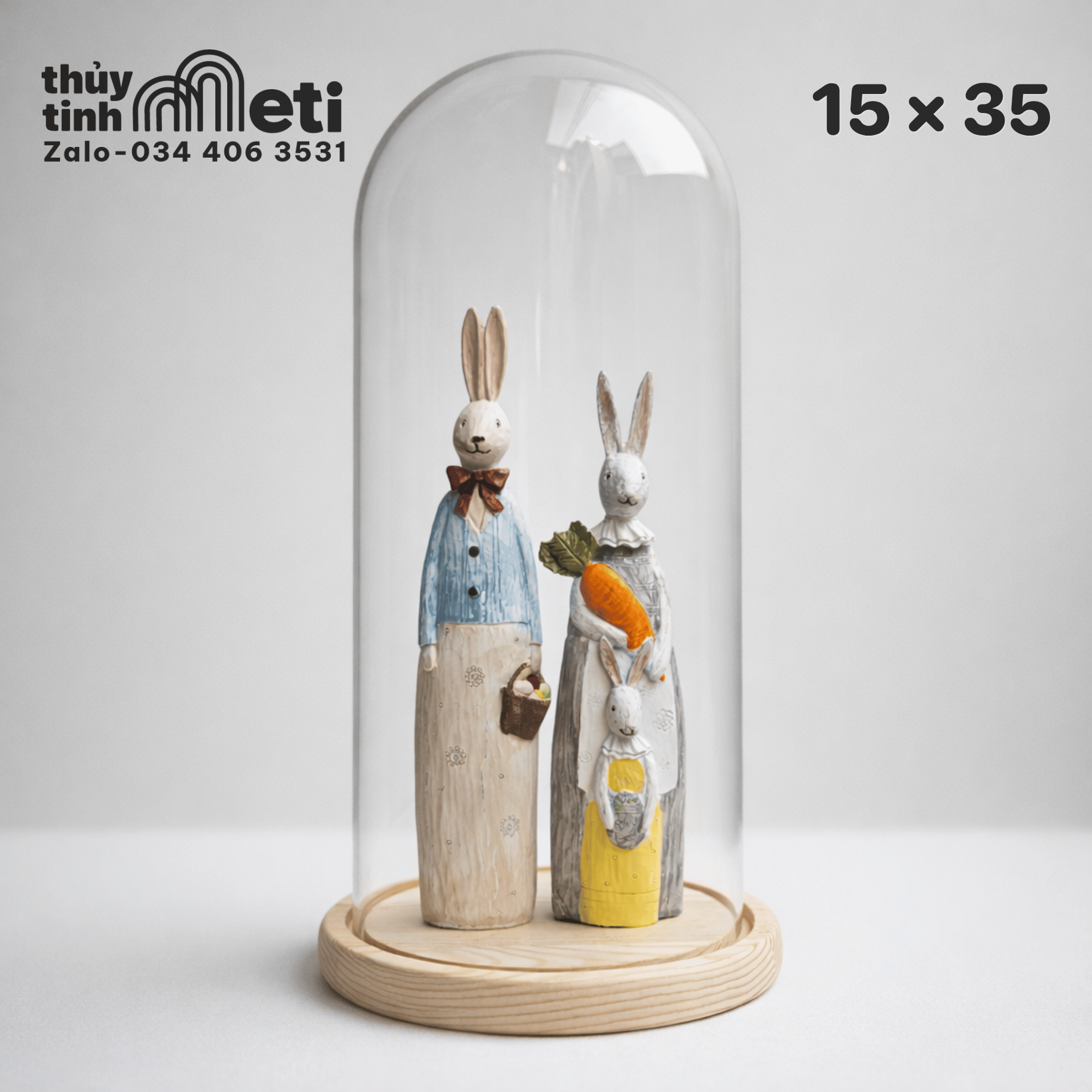 Chụp thủy tinh đế gỗ 15x35 Chụp thủy tinh đế gỗ 15x35