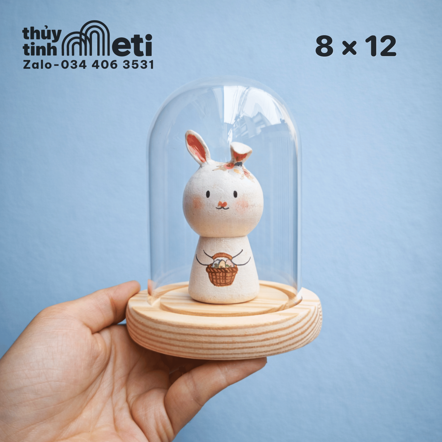 Chụp thủy tinh đế gỗ 8x12 Chụp thủy tinh đế gỗ 8x12