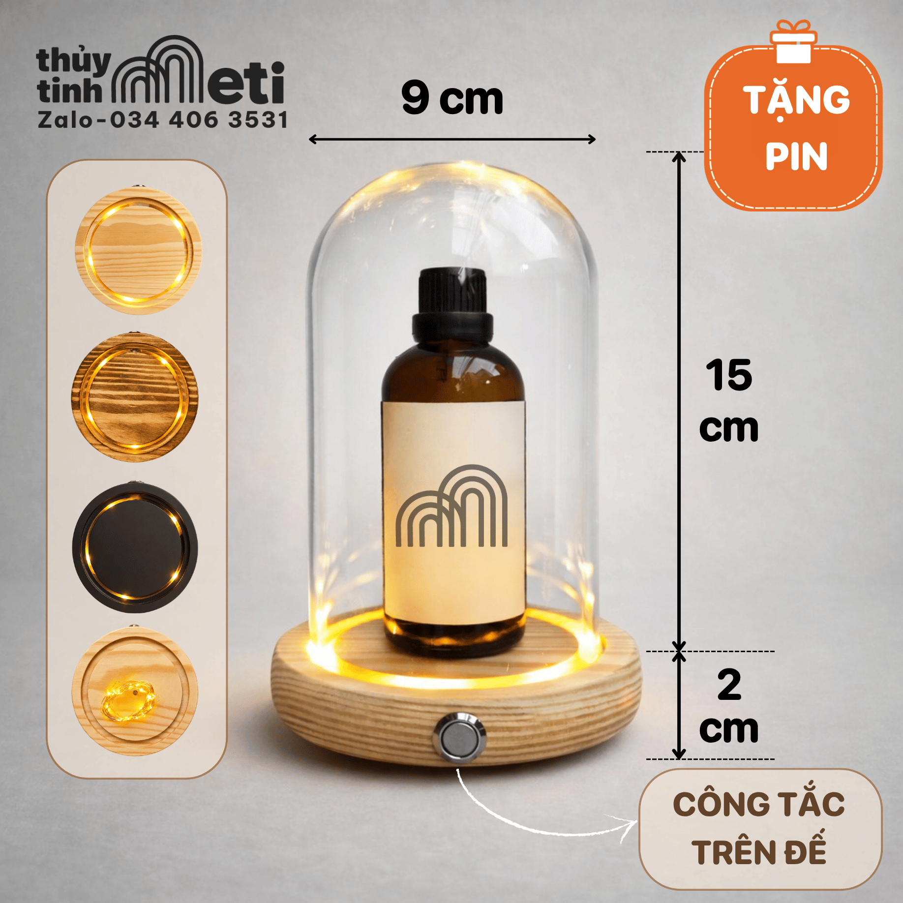 Chụp thủy tinh đế gỗ đèn led 9x15 bg Chụp thủy tinh đế gỗ đèn led 9x15