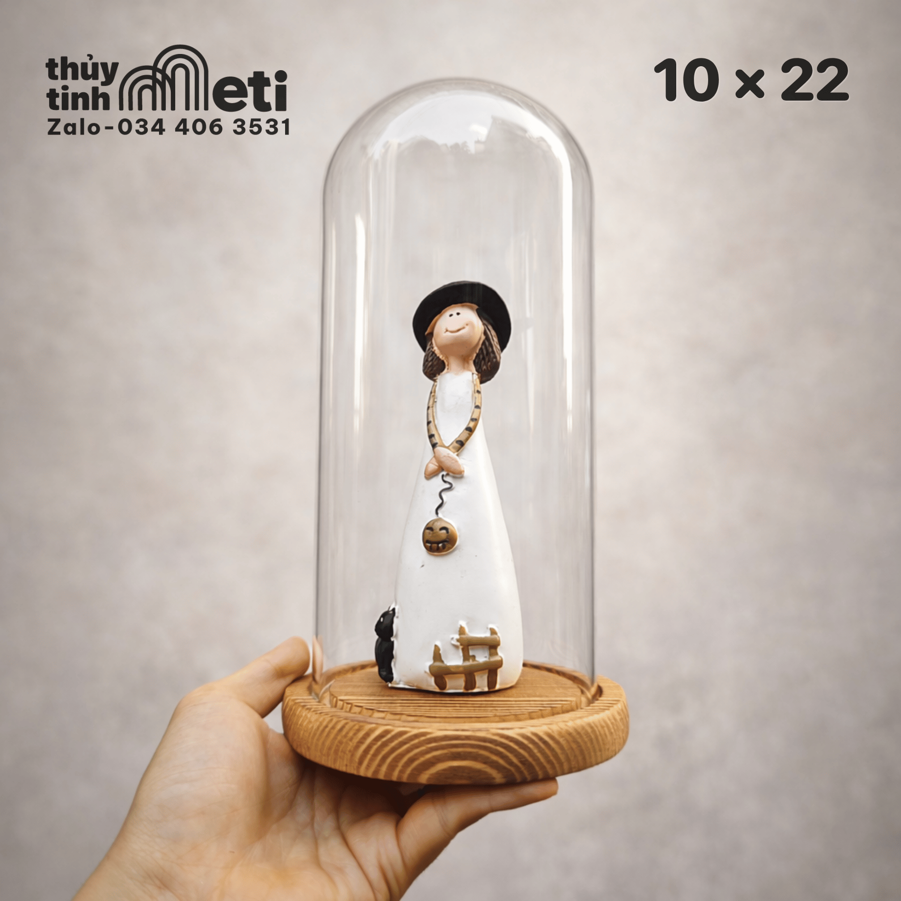 Chụp thủy tinh đế gỗ 10x22 (2) Chụp thủy tinh đế gỗ 10x22