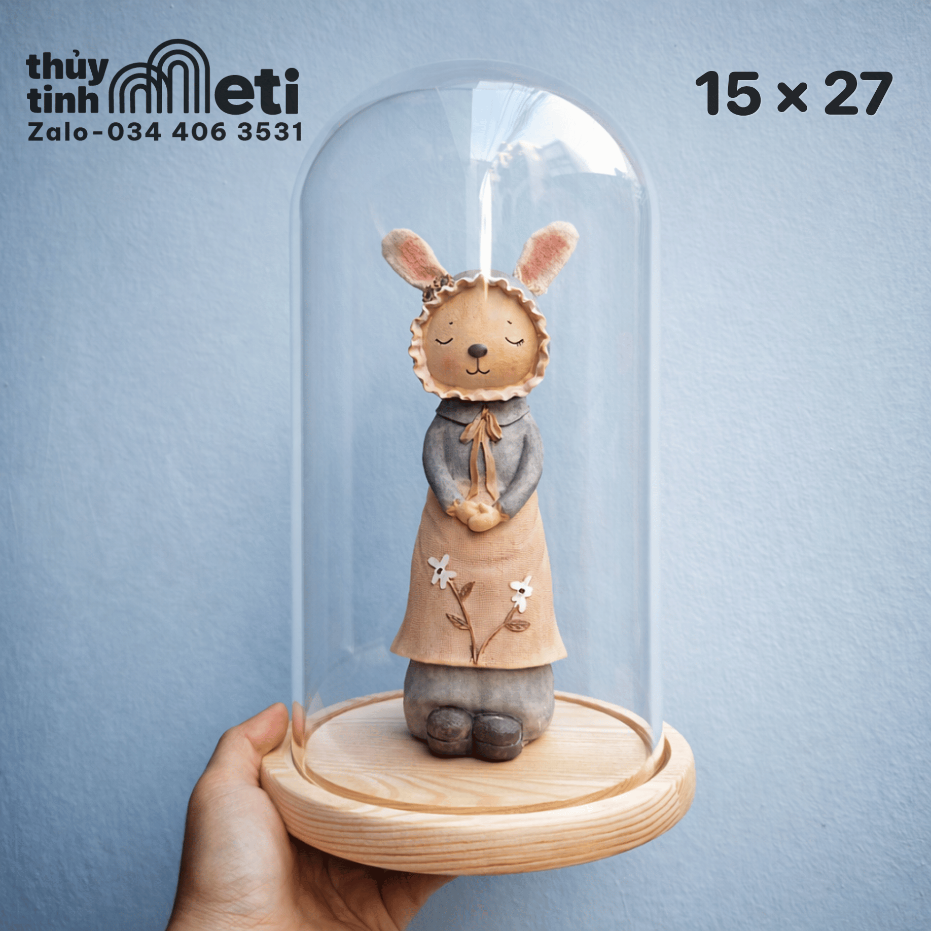 Chụp thủy tinh đế gỗ 15x27 Chụp thủy tinh đế gỗ 15x27
