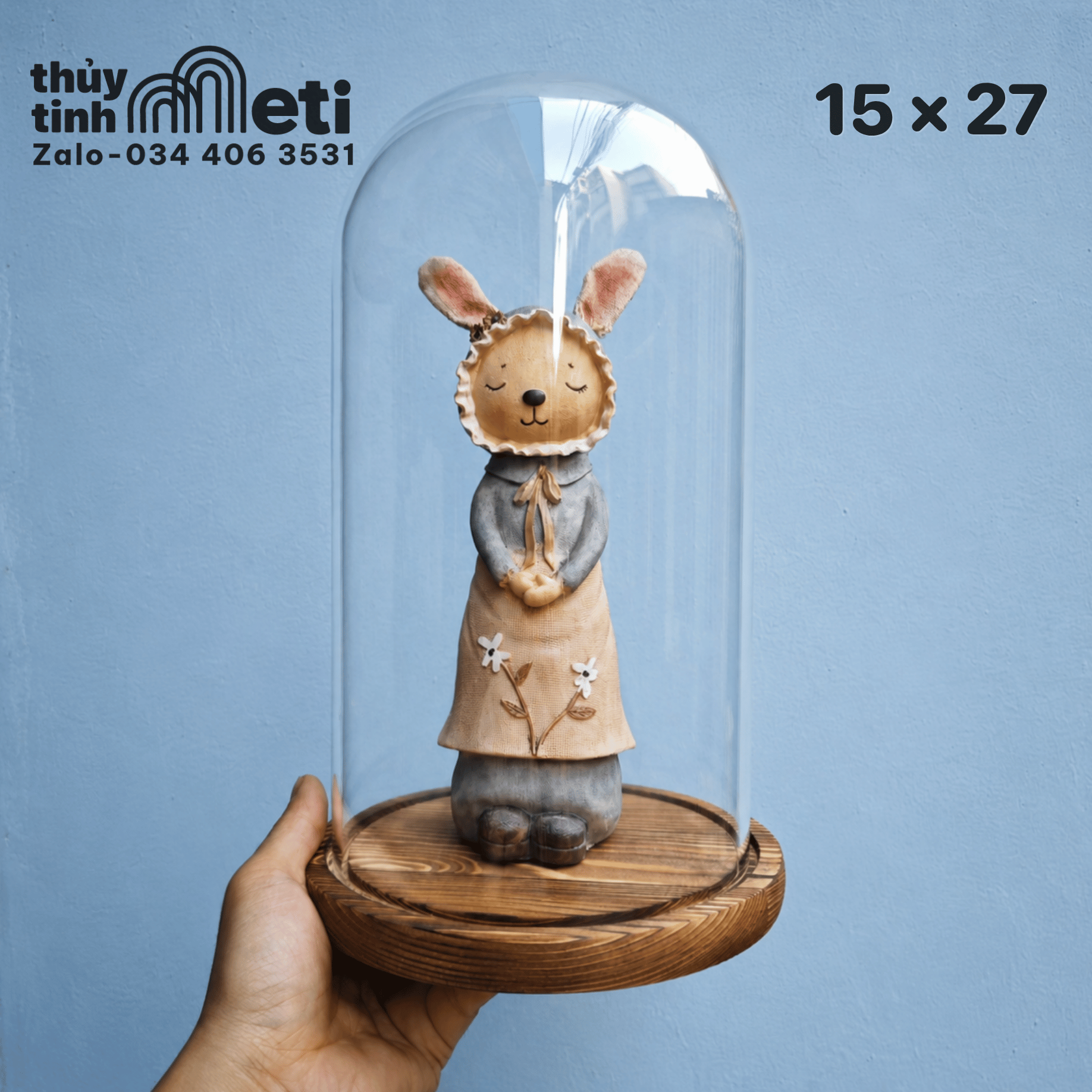 Chụp thủy tinh đế gỗ 15x27 (2) Chụp thủy tinh đế gỗ 15x27